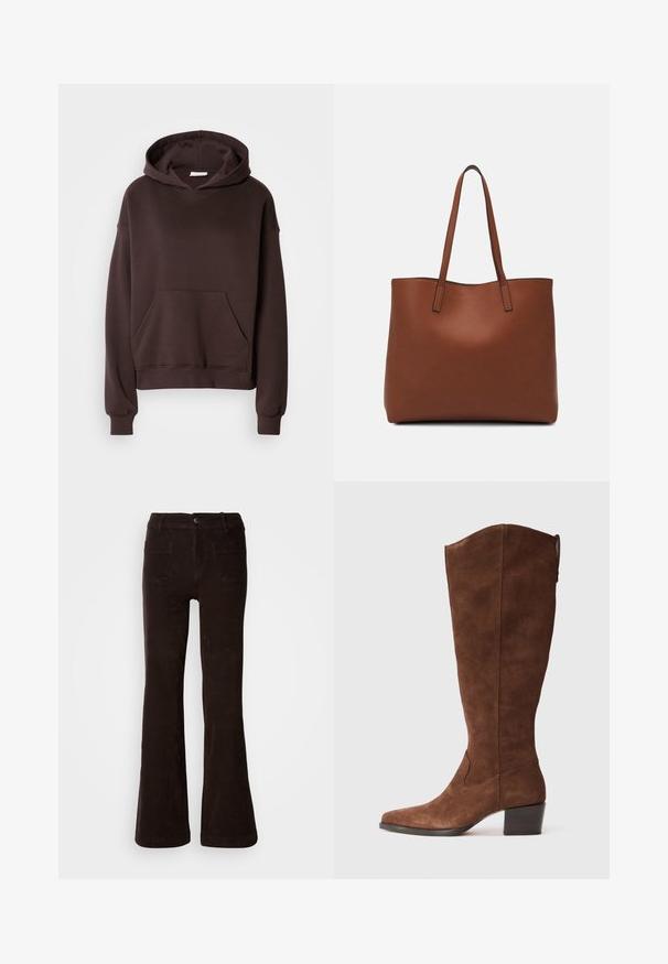 Brązowa bluza z kapturem, wykonana z miękkiego materiału, z dużym kapturem, kieszenią z przodu oraz prążkowanymi mankietami i dołem. Prosty, casualowy design bez wzorów.; Brązowe sztruksowe spodnie o rozszerzanym kroju z fakturowanym wykończeniem, posiadające przednie zapięcie na guziki, szlufki na pasek oraz dwie tylne kieszenie.; Brązowe zamszowe wysokie botki do kolan z ostrym noskiem i słupkowym obcasem. Charakteryzują się gładkim wykończeniem i minimalistycznymi detalami przeplatania.; Brązowa skórzana torba tote o gładkiej fakturze, z otwartym wierzchem i dwoma ramiączkami. Charakteryzuje się minimalnym przeszyciem i brakiem widocznych elementów metalowych.