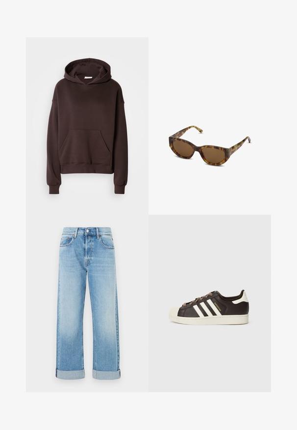 Bruine hoodie gemaakt van zachte stof, met een grote capuchon, een voorkeurszak en ribbelmanchetten en -zoom. Eenvoudig, casual ontwerp zonder patronen.; Lichtblauwe denim jeans met een rechte pijp, voorzien van vijf zakken, een knoopsluiting en opgerolde boorden aan de onderkant.; Low-top Adidas Superstar sneaker in donkerbruin leer met crème shell-toe, witte strepen en de tekst "Superstar" aan de zijkant.; Tortoiseschil zonnebril met een brede, hoekige montuur en bruine lenzen. Heeft slanke veren met een soepele, glanzende afwerking.