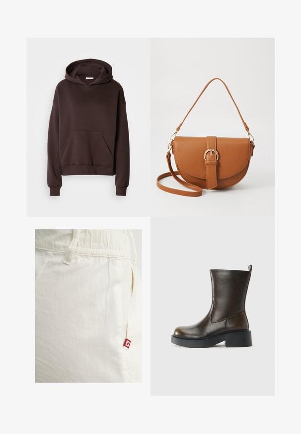 Felpa marrone realizzata in tessuto morbido, con un ampio cappuccio, tasca frontale e polsini e orlo a costine. Design semplice e casual senza fantasie.; Pantaloni della tuta color crema con elastico in vita e tasca laterale, dotati di un piccolo etichetta rossa con un stella sulla tasca destra.; Stivale in pelle marrone scuro a metà polpaccio con punta rotonda, suola nera spessa, tacco basso a blocco e linguetta sul retro.; Borsa a tracolla in pelle marrone con forma curvata, hardware dorato e un dettaglio con fibbia. Presenta una tracolla rimovibile.