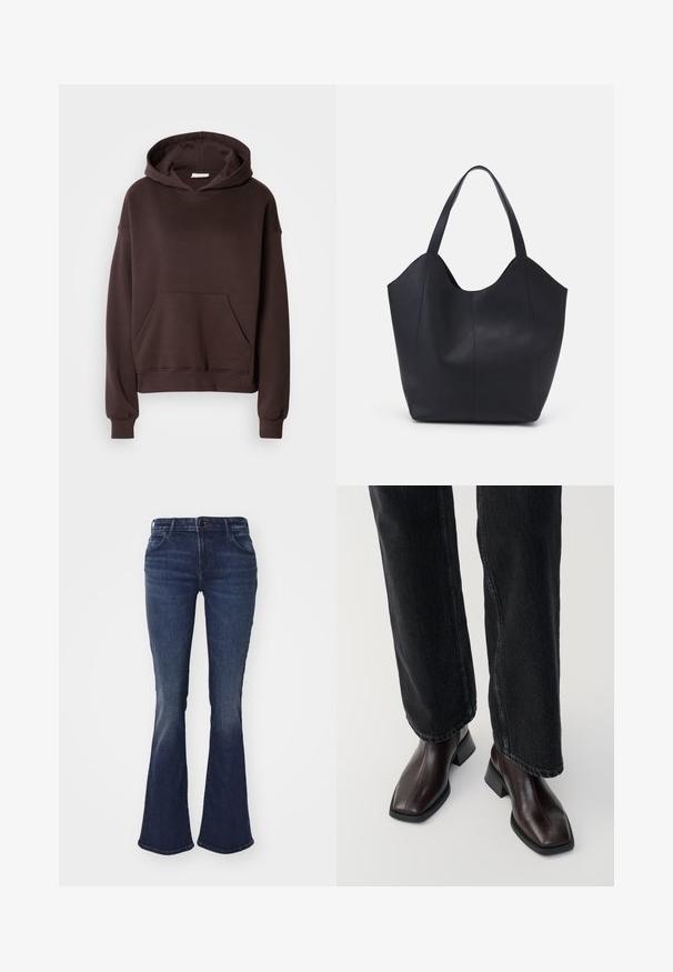 Hanorac maro realizat dintr-un material moale, având o glugă mare, un buzunar frontal și manșete și tiv dintr-un material ribbed. Design simplu și casual, fără modele.; Jeans de culoare albastru închis, evazați, confecționați din denim, având talie ajustată, design cu cinci buzunare și ușoare estompari pentru textură la coapse și genunchi.; Botine din piele maro, cu bot pătrat și toc bloc, asociate cu blugi negri cu croi larg. Textură netedă și design minimalist.; Geantă de umăr neagră, realizată din piele netedă, cu un design minimalist, având un vârf deschis curbat și două mânere pentru umăr.