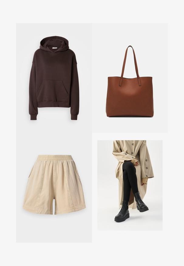 Brązowa bluza z kapturem, wykonana z miękkiego materiału, z dużym kapturem, kieszenią z przodu oraz prążkowanymi mankietami i dołem. Prosty, casualowy design bez wzorów.; Beżowe szorty z elastycznym pasem, z bocznymi kieszeniami i widocznymi szwami, wykonane z lekkiego materiału.; Czarne skórzane botki za kostkę z detalami sznurowania, podwyższeniem w podeszwie oraz fakturowanymi czarnymi legginsami, noszone z jasnobeżowym trenczem.; Brązowa skórzana torba tote o gładkiej fakturze, z otwartym wierzchem i dwoma ramiączkami. Charakteryzuje się minimalnym przeszyciem i brakiem widocznych elementów metalowych.