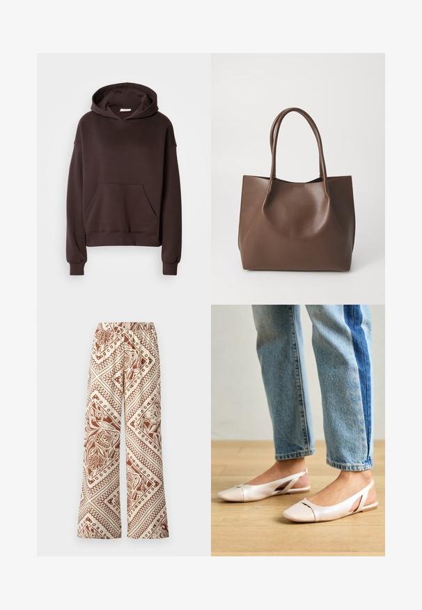 Brown hoodie made from soft fabric, featuring a large hood, front pocket, and ribbed cuffs and hem. Simple, casual design with no patterns.; Wide-leg pants in a cream fabric featuring a brown floral pattern with geometric designs, elasticated waistband, and smooth texture.; Pale pink slingback flats with a pointed toe, made from a smooth leather-like material. Features cut-out details at the sides and a flat heel.; Brown leather tote bag with two long handles, structured shape, smooth texture, and minimalistic design. No visible hardware or accents.