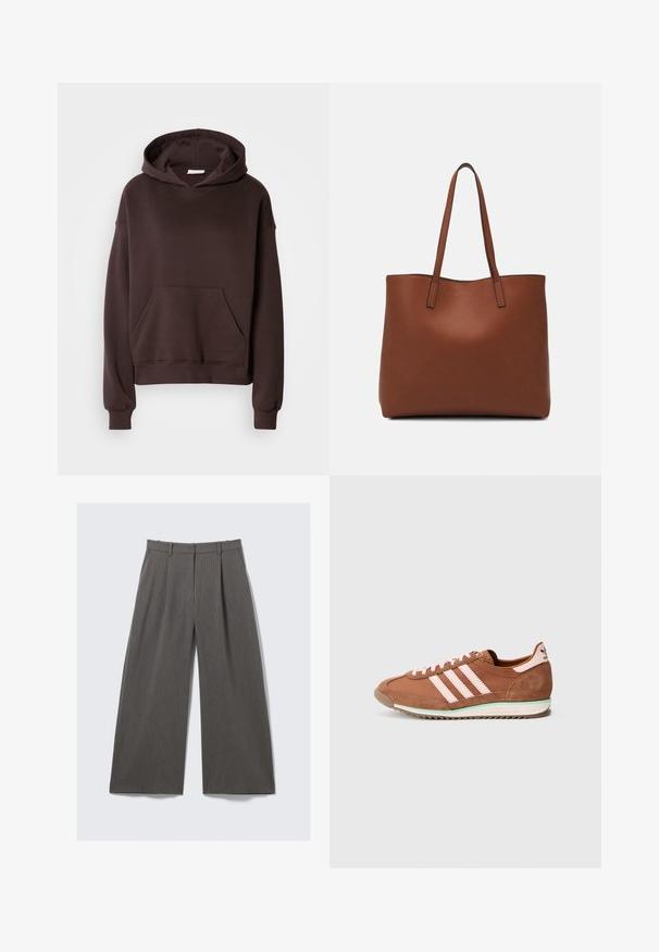 Haut à capuche marron en tissu doux, avec une grande capuche, une poche frontale et des poignets et un ourlet côtelés. Design simple et décontracté sans motifs.; Pantalons larges à rayures grises avec passants de ceinture et plis, présentés à plat sur un fond blanc.; Baskets Adidas marron et rose avec détails en daim, trois bandes roses sur le côté, et une semelle blanche avec un accent vert.; Sac fourre-tout en cuir marron avec une texture lisse, design à ouverture supérieure et deux poignées pour le porter à l'épaule. Présente des coutures minimales et aucun matériel visible.