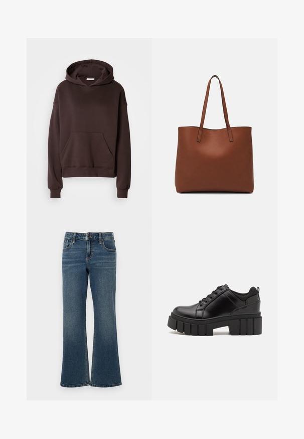 Ruskea huppari, joka on valmistettu pehmeästä kankaasta, varustettu suurella hupulla, etutaskulla sekä ribbausreunuksilla hihansuissa ja helmassa. Yksinkertainen, rento muotoilu ilman kuvioita.; Tummansininen farkkukangas, joka on leveälahkeinen ja korkea vyötärö. Farkuissa on viisi taskua ja eriväristä ommelta. Kankaan pinta on sileä ja hieman kulunut.; Mustat nahkakengät, joissa on lättihenkinen korko, pyöreä kärki ja perinteinen nauhakiinnitys. Ominaisuuksiin kuuluu sileä pintakuvio ja minimaalinen yksityiskohtaisuus.; Ruskea nahkainen olkalaukku, jossa on sileä pinta, avoin yläosa ja kaksi olkahihnaa. Omaavat vain minimaalisen ompelun eikä näkyvää metalliosaa.