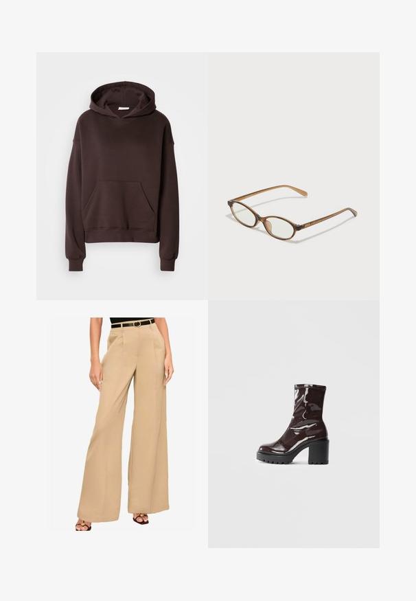 Rudas gobtuvė, pagaminta iš minkštos medžiagos, su dideliu gobtuvu, priekinėmis kišenėmis ir priglundančiais rankogaliais bei apatine dalimi. Paprastas, kasdienis dizainas be raštų.; Smėliniai platūs kelnių iš lygaus audinio, su priekinėmis klostėmis ir juoda diržu su auksinės spalvos sagtimi.; Blizgus burgundių spalvos kulknapis su tankiu juodu kulnu, pasižymintis lygiu paviršiumi ir paprastu dizainu. Nėra matomų užsegimų ar raštų.; Rudos aukso dėklai su ovaliais lęšiais, plonomis kojelėmis ir skaidriais akcentais. Ant šventyklos yra subtilus logotipas. Plonas, lengvas dizainas.; Ruda odinė rankinė su plačia, struktūrizuota forma, plonomis rankenomis ir tekstūruotu paviršiu. Pasižymi minimalistišku dizainu be matomų detalių.