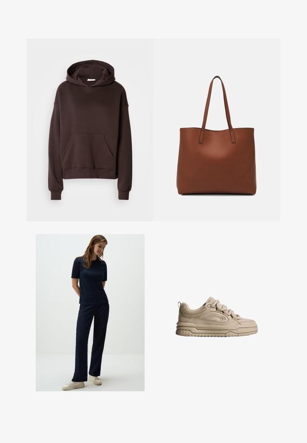 Brauner Hoodie aus weichem Material, mit einer großen Kapuze, Fronttasche und gerippten Bündchen und Saum. Einfaches, lässiges Design ohne Muster.; Dunkelblaues, strukturiertes Strick-Zweiteiler-Set mit einem kurzärmeligen Oberteil und lockeren Hosen, kombiniert mit beigen Sneakers.; Beige Wildlederschuh mit runder Zehenpartie, strukturierten Einsätzen, dicker Sohle und Schnürdesign. Verfügt über eine Zuglasche an der Rückseite für ein einfaches An- und Ausziehen.; Braune Leder-Tote mit glatter Textur, offenem Oberteil und zwei Schulterriemen. Verfügt über minimale Nähte und keine sichtbaren Beschläge.