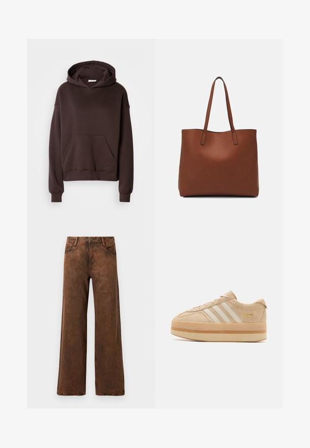 Brown hoodie made from soft fabric, featuring a large hood, front pocket, and ribbed cuffs and hem. Simple, casual design with no patterns.; Brown wide-leg pants made of denim, featuring a textured finish, a button and zipper closure, and two front pockets.; Beige suede platform sneakers with white three stripes, round toe, and beige rubber sole featuring a gold logo accent on the side.; Brown leather tote bag with a smooth texture, open top design, and two shoulder straps. Features minimal stitching and no visible hardware.