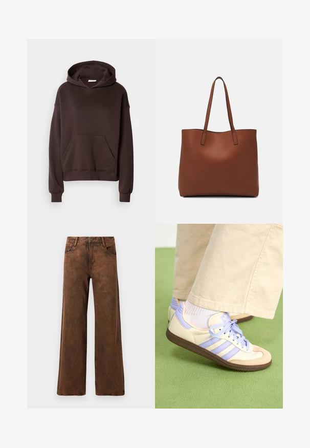 Brown hoodie made from soft fabric, featuring a large hood, front pocket, and ribbed cuffs and hem. Simple, casual design with no patterns.; Brown wide-leg pants made of denim, featuring a textured finish, a button and zipper closure, and two front pockets.; Cream and lavender sneakers with three stripes and a textured brown sole, featuring laces and a padded heel. Soft fabric upper.; Brown leather tote bag with a smooth texture, open top design, and two shoulder straps. Features minimal stitching and no visible hardware.