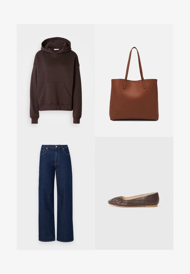 Rudas gobtuvė, pagaminta iš minkštos medžiagos, su dideliu gobtuvu, priekinėmis kišenėmis ir priglundančiais rankogaliais bei apatine dalimi. Paprastas, kasdienis dizainas be raštų.; Mėlyni džinsai plačiomis kojomis su aukštu juosmeniu, su oranžinėmis siūlėmis ir metaliniu sagčių uždarymu. Švarus, tiesus kirpimas ir be dekoracijų.; Rudi odiniai balerinų bateliai su apvaliu pirštu, susiraukšlėjimu priekyje ir plokščiu, šviesiu padu.; Ruda odinė priekabų krepšys su glotnia tekstūra, atviru viršumi ir dviem petnešomis. Su minimalia siuvimo detalėmis ir nematoma aparatūra.