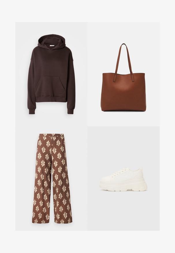 Rjava kapuca iz mehkega blaga, s velikim pokrovom, sprednjim žepom ter rebrastimi manšetami in robom. Preprost, sproščen dizajn brez vzorcev.; Široke rjave hlače iz tkanine z teksturirano površino, okrašene s ponavljajočim se listnatim motivom v krem barvi. Elastični pas.; Bela platnena teniska z debelim podplatom, okroglo konico in petimi luknjicami za vezalke. Zadaj je dodana zanka za enostavno obuvanje. Gladka tekstura, minimalistična zasnova.; Rjava usnjena torba z gladko teksturo, odprto zasnovo zgoraj in dvema naramnima trakovoma. Opremljena je z minimalnim šivanjem in brez vidnih kovinskih delov.