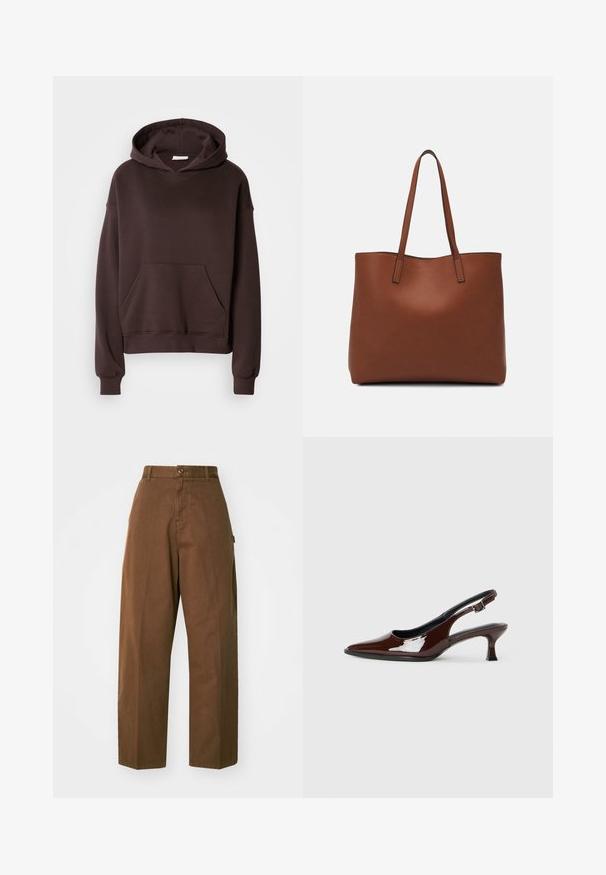 Hnedá mikina s kapucňou vyrobená z mäkkej látky, s veľkou kapucňou, prednou vreckom a rebrovanými manžetami a spodným lemom. Jednoduchý, ležérny dizajn bez vzorov.; Hnedé nohavice so širokým strihom vyrobené z odolnej látky, s gombíkovým zapínaním a bočnými vreckami. Hladká textúra a rovný strih.; Hnedá lakovaná slingback obuv s špicatou špičkou a mierne vysokým opätkom. Obsahuje pracku pre bezpečné upevnenie. Hladká textúra.; Hnedá kožená taška na rameno s hladkou textúrou, otvoreným vrchom a dvoma ramenými popruhmi. Má minimálne šitia a žiadne viditeľné kovania.