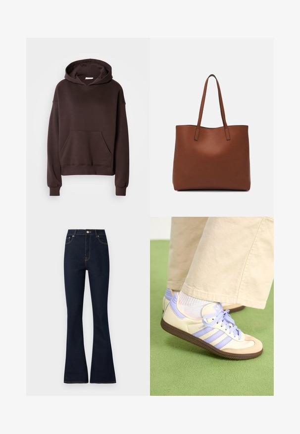 Hnedá mikina s kapucňou vyrobená z mäkkej látky, s veľkou kapucňou, prednou vreckom a rebrovanými manžetami a spodným lemom. Jednoduchý, ležérny dizajn bez vzorov.; Tmavomodré denimové široké nohavice s vysokým pásom, so zlatým stehom, prednými vreckami a uzatváraním na kovový gombík.; Krémovo-fialové tenisky so tromi pruhmi a štruktúrovanou hnedou podrážkou, s šnúrkami a polstrovaným opätkom. Mäkký textilný zvršok.; Hnedá kožená taška na rameno s hladkou textúrou, otvoreným vrchom a dvoma ramenými popruhmi. Má minimálne šitia a žiadne viditeľné kovania.