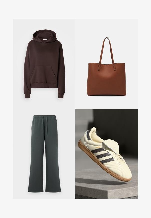 Brun hettegenser laget av mykt stoff, med en stor hette, lomme foran, og ribbestrikkede mansjetter og kant. Enkelt, uformelt design uten mønstre.; Mørkegrønne, vide joggebukser laget av mykt materiale, med elastisk midje og snor for justerbar passform.; Kremfargede lær sneakers med tre mørke striper, en brun gummisåle og en avrundet tå. Har en sammenleggbar tunga merket "SAMBA."; Brun lær tote veske med en jevn tekstur, åpen toppdesign og to skulderstropper. Har minimal søm og ingen synlige spiker.