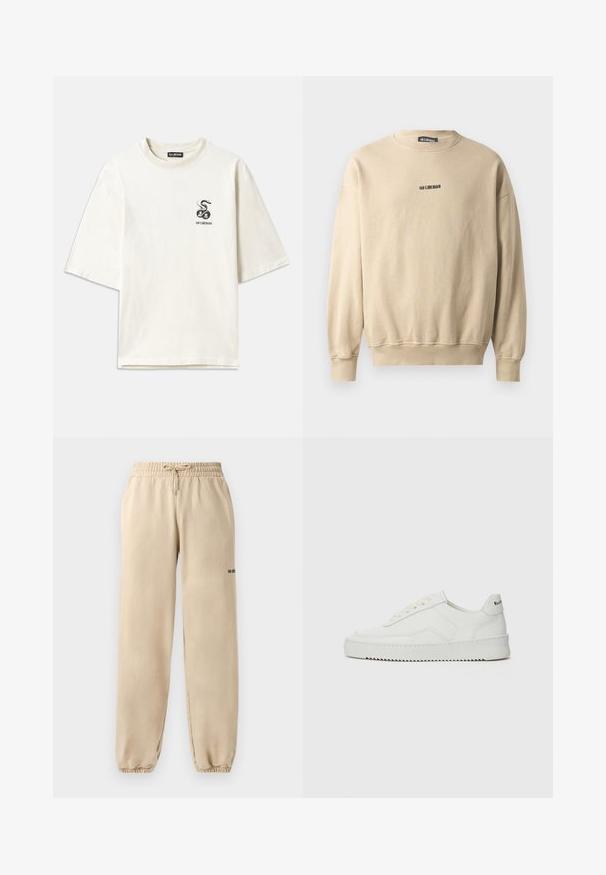 Beige treniņtērps, kas izgatavots no kokvilnas. Aprīkots ar apaļu kakla izgriezumu un garām piedurknēm. Centra daļā ir neliels melns teksts "Han Kjobenhavn."; Kremkrāsas oversize T-krekls, izgatavots no kokvilnas. Satur īsas piedurknes un mazu melnu čūskas grafiku kreisajā krūtīs.; Beige sporta bikses ar elastīgu jostasvietu un saites stīgu, ar aproci apakšmalā un minimālu apzīmējumu sānos. Gluda tekstūra.; Baltas ādas sneakers ar gludu virsmu, apaļu pirkstu daļu, plakaniem šņorēm un teksturētu zoli. Satur diskrētu logotipu uz papēža.