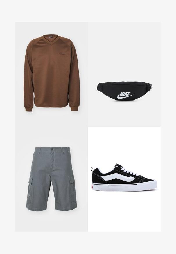 Felpa marrone con design a scollo a V, maniche lunghe a raglan e polsini a coste. Presenta un logo ricamato discreto sul petto. Texture liscia.; Carhartt WIP REGULAR CARGO COLUMBIA - Shorts - graphite; Sneaker nere in suede con accenti bianchi, caratterizzate da un design low-top, chiusura con lacci e una spessa suola in gomma bianca. Logo del marchio sul tallone.; Marsupio nero in nylon con chiusura zip, caratterizzato da un grande logo Nike bianco. Texture liscia e design ergonomico per un'indossabilità confortevole.