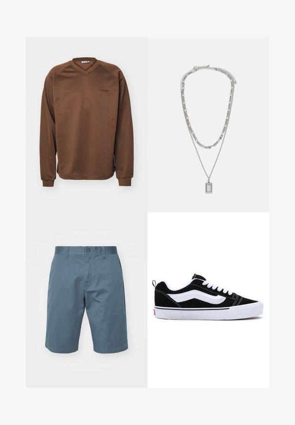 Καφέ φούτερ με σχέδιο σε σχήμα V, μακριά ραγλαν μανίκια και ριμπ μανσέτες. Διαθέτει διακριτό κεντημένο λογότυπο στο στήθος. Απαλή υφή.; Μπλε βαμβακερές βερμούδες με κουμπί κλεισίματος, βρόχους ζώνης και πλάγιες τσέπες. Λείο υλικό με χαλαρή εφαρμογή, φτάνοντας πάνω από το γόνατο.; Μαύρα σουέτ αθλητικά παπούτσια με λευκά στοιχεία, με χαμηλό σχέδιο, κούμπωμα με κορδόνια και χοντρή λευκή καουτσούκ σόλα. Λογότυπο της μάρκας στην φτέρνα.; Ασημένιο κολιέ με δύο επίπεδα αλυσίδες; διαθέτει ένα ορθογώνιο κρεμαστό με λεία επιφάνεια, που αναδεικνύει ένα γυαλισμένο μεταλλικό φινίρισμα.