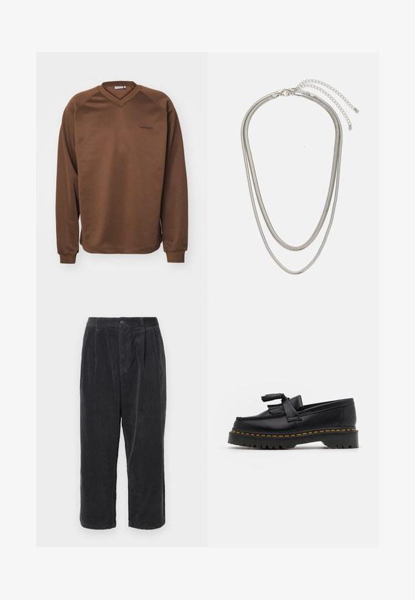 Pruun sügisid, millel on V-kaeluse disain, pikkad raglaanvarrukad ja ribaga mansetid. Rinnal on peenelt tikitud logo. Silmapaistev tekstuur.; Tumed grisid korduroy püksid, laia lõikega, nupuga sulgemisega, volditud ja lühikese pikkusega, näidates ribaga tekstuuri.; Mustmust musta loafer, millel on frantsiisi aktsent, paks must tald ja kollane õmblus servas. Tekstuuriga viimistlus.; Kolmekihiline hõbedane metallkaelakee, mis on valmistatud peentest, paindlikest kettidest kerge läikega, kinnitatud krabi sulguri ja reguleeritava ketiga.