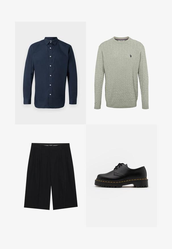 Harmaa neulepusero, jossa on palmikkokuvio, pyöreä pääntie ja resorit hihansuissa. Brodattu logo vasemmassa rinnassa.; Paita sinimusta pitkällä hihalla, joka on valmistettu sileästä puuvillasta, jossa on levitetty kaulus, etupainike ja napitetut hihansuut. Ei näkyviä kuvioita.; YOURTURN SUMMERISH SUIT TROUSERS UNISEX - Shortsit - black; Musta nahkainen nauhakenkä, jossa on pyöreä kärki, kuvioitu kumipohja ja keltaiset tikit ympäri pohjaa. Litteä muotoilu ja sileä pinta.