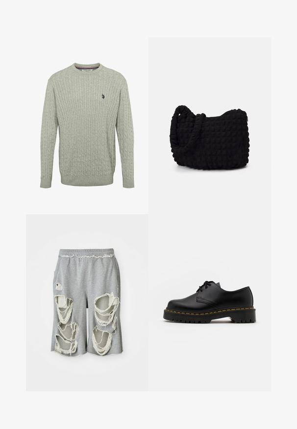 Lys grå strikket genser med kabelmønster, rund halslinning og ribbede ermer. Brodert logo på venstre bryst.; Grå bomullsshorts med fremtredende slitte hull og frynsete kanter. Har elastisk midjebånd og avslappet passform.; Svart lær snøresko med rund tå, teksturert gummisåle og gul søm rundt bunnen. Flat design og glatt overflate.; Svarte tekstilveske med en strukturert, quiltet mønster. Rund form, korte, tykke håndtak og en myk, fleksibel struktur.