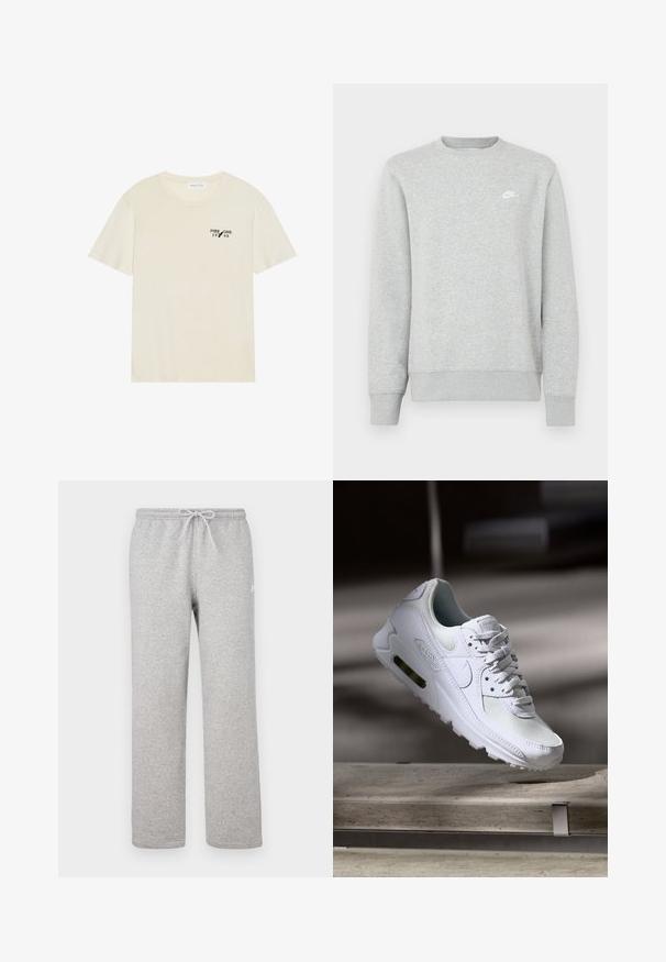 Grå genser laget av mykt fleece-materiale, har ribbestrikkede mansjetter og kant, med en liten hvit Nike-logo på brystet.; Pier One T-shirts - tan; Grå joggebukse med elastisk midjebånd og snor. Laget av mykt stoff, de har rette ben og subtil logodetalj.; Hvit Nike Air Max 90 sneakers med øvre del laget av mesh og skinn, perforert tåboks og en synlig luftenhet i hælen.