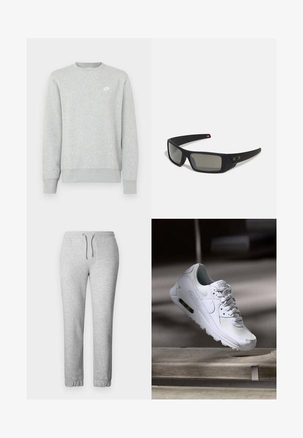 Grå sweatshirt lavet af blødt fleece-materiale, med ribstrikkede manchetter og kant, samt et lille hvidt Nike-logo på brystet.; Grå joggers lavet af blødt stof, med elastisk talje med snor, elastiske manchetter og en glat overflade.; Hvide Nike Air Max 90 sneakers med en overdel i mesh og læder, perforeret tåboks og en synlig luftenhed i hælen.; Sorte solbriller med mat finish, rektangulære linser, let kurve ved templerne, diskret logo detaljer og røgfarvede linser.