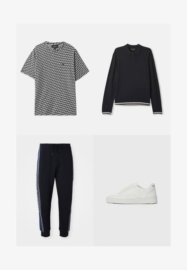 Μπλέ μακρυμάνικο πουκάμισο πόλο με μισό φερμουάρ, ριγέ μανσέτες, ριγέ στρίφωμα και μικρό κεντημένο λογότυπο στο στήθος.; Μαυρόασπρη κοντομάνικη μπλούζα με σχέδιο κυμάτων, στρογγυλή λαιμόκοψη και άνετη εφαρμογή. Κατασκευασμένη από απαλό βαμβακερό ύφασμα.; Μαύρο αθλητικό παντελόνι με μπλε ρίγες στο πλάι, ελαστική μέση με κορδόνι, πλαϊνές τσέπες και ριμπ μανσέτες στους αστραγάλους.; Λευκό δερμάτινο sneakers με λείο φινίρισμα, στρογγυλή μύτη, επίπεδα κορδόνια και υφή στην σόλα. Φέρει μια διακριτική λογότυπο στη φτέρνα.