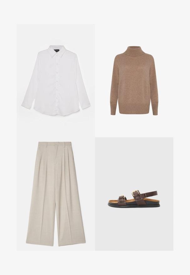 Hellbrauner, gerippter Rollkragenpullover mit langen Ärmeln und lässiger Passform. Weiche Textur mit glattem Finish. Einfaches, vielseitiges Design.; Weißes Langarmshirt mit Knopfleiste, klassischem Kragen, glatter Textur, abgerundem Saum und dezentem Glanz.; Weißes Baumwoll-T-Shirt mit kurzen Ärmeln, rundem Ausschnitt und glatter Textur. Die Rückseite ist einfarbig ohne zusätzliche Muster oder Designs.; Beige weit geschnittene Hose mit glatter Textur, Frontfalten, flachem Bund und maßgeschneidertem Design für eine lockere Passform.; Braune Leder-Sandalen mit zwei verstellbaren Riemen und metallischen Schnallen, einer gepolsterten Innensohle und einer flexiblen schwarzen Gummisohle.
