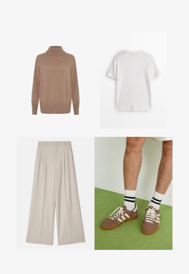 Hellbrauner, gerippter Rollkragenpullover mit langen Ärmeln und lässiger Passform. Weiche Textur mit glattem Finish. Einfaches, vielseitiges Design.; Weißes Baumwoll-T-Shirt mit kurzen Ärmeln, rundem Ausschnitt und glatter Textur. Die Rückseite ist einfarbig ohne zusätzliche Muster oder Designs.; Beige weit geschnittene Hose mit glatter Textur, Frontfalten, flachem Bund und maßgeschneidertem Design für eine lockere Passform.; Braune Wildleder-Sneaker mit weißen Akzenten und Schnürsenkeln. Gummisohle in Kautschuk-Optik. Getragen mit weißen Socken, die schwarze Streifen haben. Grüner strukturierter Fußboden.