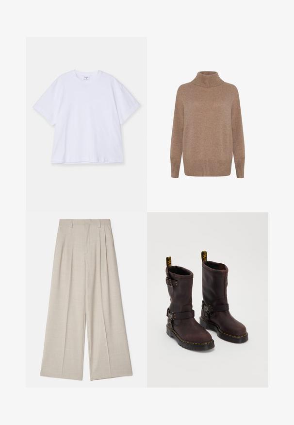 Hellbrauner, gerippter Rollkragenpullover mit langen Ärmeln und lässiger Passform. Weiche Textur mit glattem Finish. Einfaches, vielseitiges Design.; Weißes kurzärmliges T-Shirt aus Baumwolle. Mit einem Rundhalsausschnitt, lockerem Schnitt und glatter Textur. Einfaches Design ohne Muster oder Akzente.; Beige weit geschnittene Hose mit glatter Textur, Frontfalten, flachem Bund und maßgeschneidertem Design für eine lockere Passform.; Braune Lederstiefel mit einem Design bis zur Mitte des Wadens, ausgestattet mit einem Riemen und einer Schnalle, einer dicken schwarzen Sohle und gelben Nähakzenten.