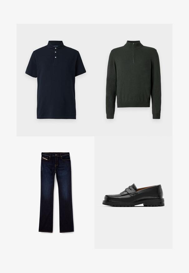 Tumedat rohelised pikad varrukad, pooltõmblusega kaelus ning soonilised ääred ja külgedel, ühtlase taustaga.; Tumesinine lühikeste varrukatega polo-särk, millel on krae ja kolm valget nööpi nööbitiivul, esitatud lihtsa tausta ees.; Tumed sinine denimist teksapüksid sirge lõikega, millel on oranž õmblus, lukuga ees ja eesmine tasku. Sile tekstuur ja tavaline vöökoht.; Mustad mustad nahast kingad on varustatud tõstetud õmblusega, kahe dekoratiivse rihmaga peal, ja paksu tekstuuriga tallaga paremaks haardeks.