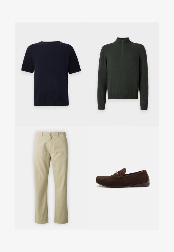Dark green long-sleeve sweater with a half-zip collar and ribbed cuffs and hem on a plain background.; Navy blue cotton t-shirt with a crew neck, short sleeves, and a straight cut. Smooth texture, no visible patterns or accents.; Beige cotton trousers with a straight-leg design, front button closure, and belt loops. Smooth texture, no visible patterns or accents.; Brown suede loafers with a stitched design, subtle texture, rounded toe, and silver hardware accent. Low rubber sole for comfort.