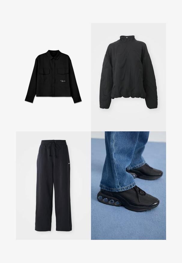 Nike Sportswear COZY LOGO - Sweatshirt - black; Black cropped shirt with a pointed collar, double chest pockets, button front, and embroidered logo on the left side. Smooth fabric texture.; Black sweatpants with an elastic waistband and drawstring, featuring a small white Nike logo on the left side.; Black athletic sneakers with mesh upper, textured accents, and visible air cushioning pods in the sole. Worn with blue denim jeans.