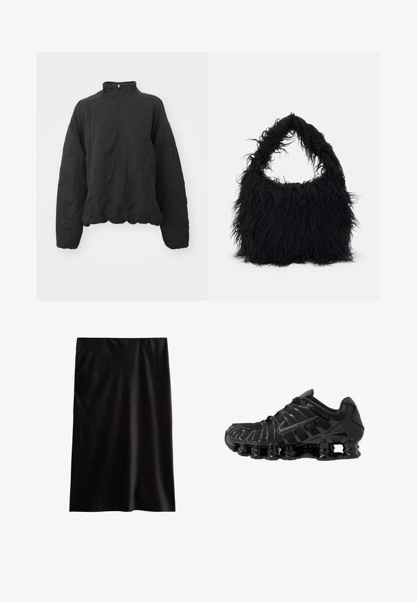 Nike Sportswear COZY LOGO - Sweater - black; Zwarte kokerrok gemaakt van een gladde, lichte stof. Heeft een rechte snit en een eenvoudig, onopgesmukt ontwerp zonder zichtbare patronen of hardware.; Zwarte sportieve schoen met mesh-bovenwerk en glanzende overlays. Bevat afgeronde spoelvering en textuur lijnen aan de zijkant. Nike-logo zichtbaar.; Even&Odd Shopper - black