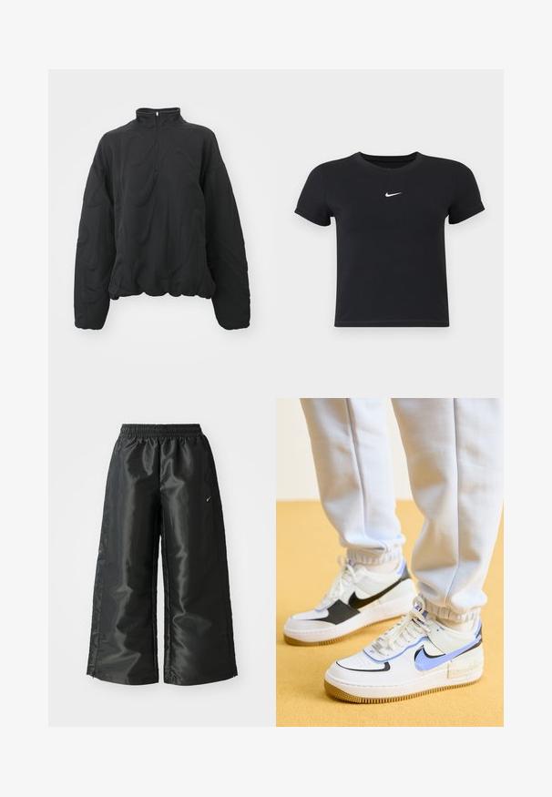 Nike Sportswear COZY LOGO - Felpa - black; T-shirt nera a maniche corte in cotone con scollatura rotonda. Presenta un logo Nike bianco sul petto, un design minimalista e una forma aderente.; Pantaloni sportivi neri con un tessuto lucido e morbido, dotati di una vita elasticizzata, gambe larghe e un piccolo logo sul lato sinistro.; Nike Sportswear AIR FORCE 1 SHADOW - Sneakers basse - white/royal pulse/black/photon dust/summit white/persian violet