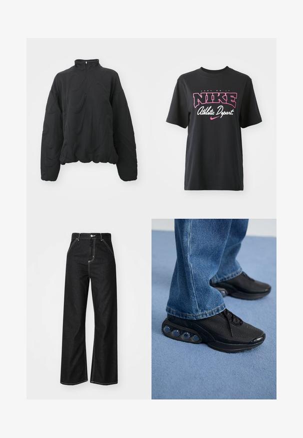 Nike Sportswear COZY LOGO - Sweatshirt - black; Schwarzes Baumwoll-T-Shirt mit einem grafischen Druck in Pink und Weiß, mit dem Text "JUST DO IT", "NIKE" und "Athletic Depart." Standardpassform.; Schwarz denim weite Hosen mit kontrastierendem weißen Nähten, hoher Taille, fünf Taschen und einem Knopfverschluss.; Schwarze sportschuhe mit atmungsaktivem Mesh-Obermaterial, strukturierten Akzenten und sichtbaren Luftpolstern in der Sohle. Getragen mit blauen Jeans.