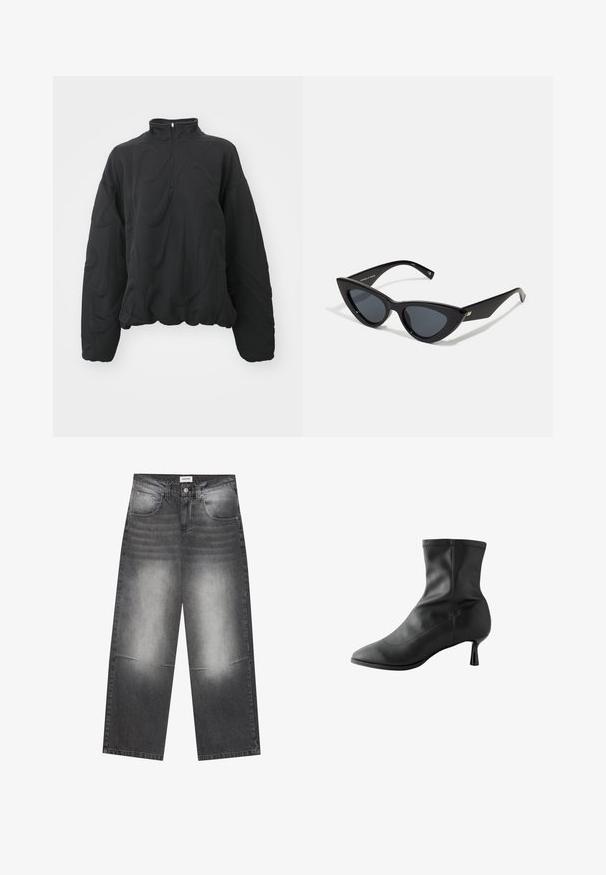 Nike Sportswear COZY LOGO - Sweatshirt - black; Jeans en denim noir à jambes larges avec une finition gris délavé, dotés de poches avant, d'une fermeture à bouton et de légères distorsions au niveau des genoux.; Bottine noire en cuir lisse, avec un bout pointu et un talon cylindrique étroit. Coutures décoratives le long du bord supérieur.; Lunettes de soleil en forme d'œil de chat avec une monture en plastique noir brillant, des verres foncés et des détails dorés sur les branches. Design angulaire avec des lignes épurées.; Even&Odd Cabas - black