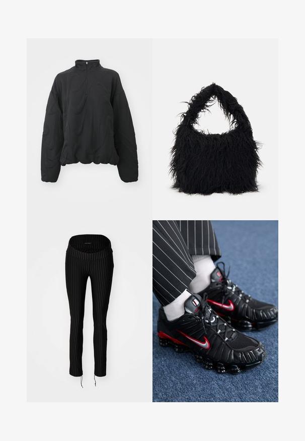 Nike Sportswear COZY LOGO - Sweater - black; Zwarte pinstripe broek met een brede, geplooide tailleband en drawstring onderkanten. Gemaakt van een rekbaar materiaal, wat zorgt voor een aansluitende pasvorm.; Zwarte sportieve schoenen met rode en zilveren accenten, mesh en gestructureerde synthetische materialen, vetersluiting en een zichtbare dempingszool.; Even&Odd Shopper - black