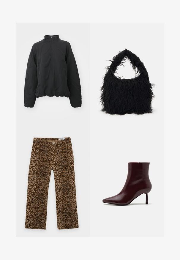 Nike Sportswear COZY LOGO - Sweater - black; Panterprint broek met een bruin en zwart patroon, rechte pijpen en klassieke vijf-pocket styling. Gemaakt van een katoenen mix.; Bordeaux patentleren enkelboot met een spitse neus en een slanke stilettohak, met een gladde, glanzende textuur en een minimalistisch ontwerp.; Even&Odd Shopper - black