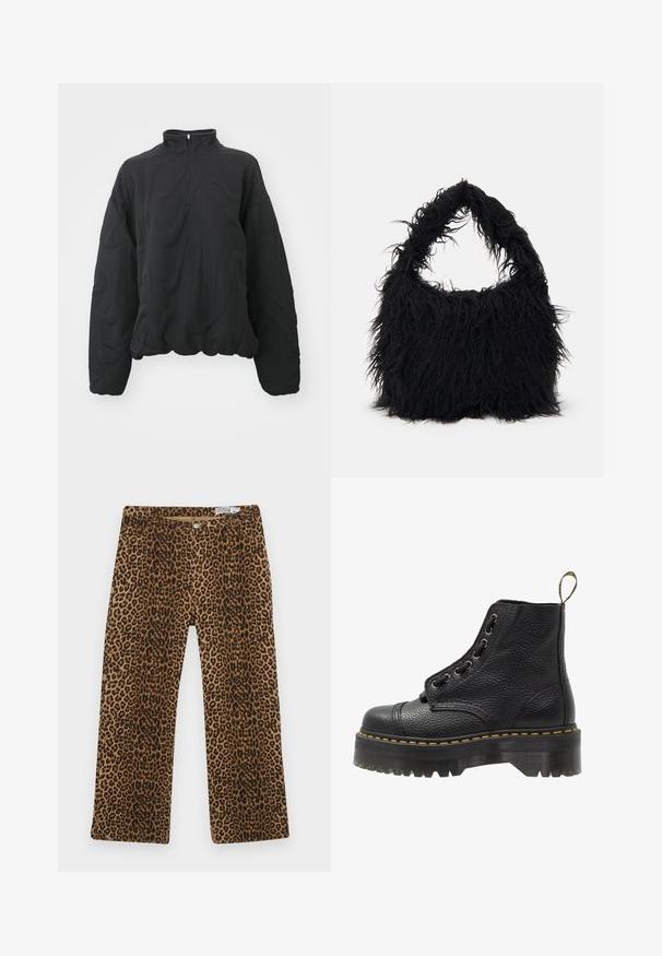 Nike Sportswear COZY LOGO - Collegepaita - black; Leopardin kuvioiset housut, joissa on ruskea ja musta kuvio, suora lahje ja klassinen viisi-taskuinen tyyli. Valmistettu puuvillasekoitteisesta kankaasta.; Mustat nahkaisen nilkkurit, joissa on teksturoidun pinnan, pyöreä kärki, nauhakiinnitys, keltainen ommel ja paksu, uritettu musta alustapohja.; Even&Odd Shopping bag - black