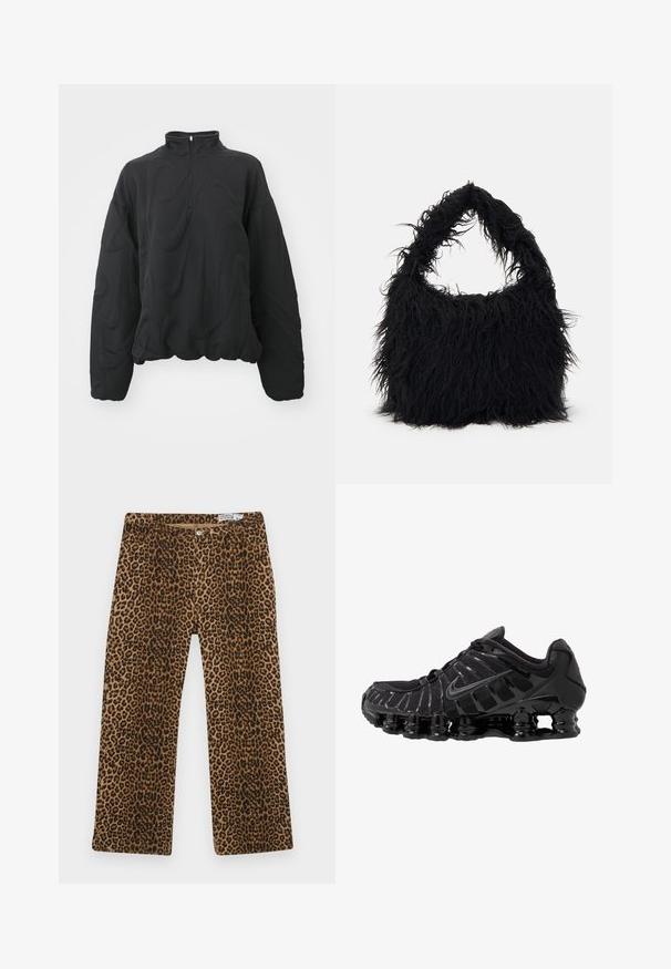 Nike Sportswear COZY LOGO - Sweatshirt - black; Leopardenmuster-Hose mit einem braunen und schwarzen Muster, geradem Bein und klassischem Fünf-Taschen-Design. Hergestellt aus einem Baumwoll-Mischgewebe.; Schwarzer Sportschuh mit Mesh-Obermaterial und glänzenden Überzügen. Verfügt über eine geschwungene Spiraldämpfung und strukturierte Linien an der Seite. Nike-Logo sichtbar.; Even&Odd Shopping Bag - black