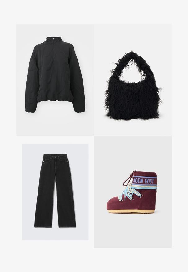 Nike Sportswear - Bluza; Szerokie czarne dżinsy z dopasowaną talią, mocny materiał, przednie kieszenie i detale z złotym wykończeniem.; Bordowe zamszowe buty Moon Boot z jasnoniebieskimi i kremowymi sznurówkami owijającymi się wokół kostki, niebieskim paskiem z logo oraz beżową podeszwą na białym tle.; Even&Odd - Torba na zakupy