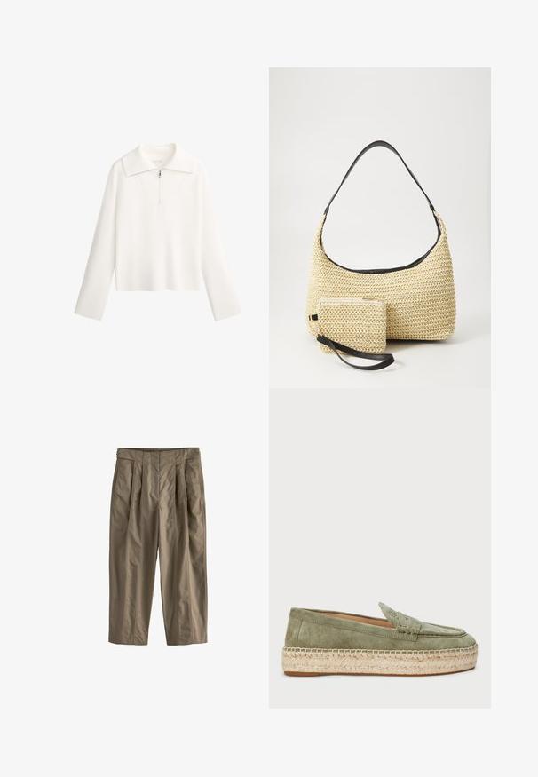 Vit tröja med stor krage, dragkedja framtill och långa ärmar. Tillverkad av ribbat tyg med en kort design.; Next Tygbyxor - green; Gröna mockaloafers med en vävd jutesula. Den klassiska designen har en söm framtill och detaljerad sömnad. Smal form och mjuk textur.; Vävd halmhandväska med en böjd silhuett, prydd med ett slätt svart läderhandtag och en matchande liten påse fäst med ett handledsband.