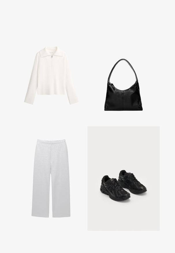 Witte trui met een grote kraag, rits aan de voorkant en lange mouwen. Gemaakt van ribstof met een cropped ontwerp.; Witte wijde broek gemaakt van zachte stof met een elastische tailleband en twee zijzakken; gladde textuur en minimale details.; Zwarte sportieve schoenen gemaakt van mesh en synthetische materialen. Beschikt over een gevoerde zool, textuurpatronen en reliëfbranding aan de zijkant.; Zwarte leren schoudertas met een gladde textuur, een gebogen bovenkant en een enkele schouderband. Voorzien van een ritsluiting en een minimalistisch design.