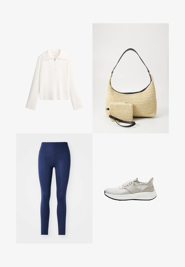 Pulover alb cu guler mare, față cu fermoar și mâneci lungi. Fabricat dintr-un material ribat și are un design scurt.; Colanți bleu marin confecționați dintr-un material elastic, având o talie înaltă, o textură netedă și un design până la gleznă, fără modele sau accesorii.; Șosetă sport ușoară din material de plasă bej cu un finisaj texturat, având o talpă albă și accente laterale tonale. Design simplu cu șireturi.; Geantă din paie țesută, cu o siluetă curbată, având o curea din piele neagră netedă și un plic mic asortat, atașat printr-un breloc pentru încheietură.