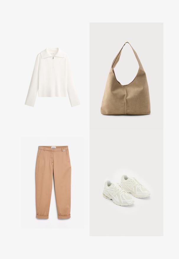Witte trui met een grote kraag, rits aan de voorkant en lange mouwen. Gemaakt van ribstof met een cropped ontwerp.; Beige broek met een rechte snit, voorzien van voorzakken en opgerolde manchetten. Gemaakt van gladde stof, met een label op de tailleband.; Witte sportschoenen van mesh en synthetische materialen, vetersluiting, gevoerde kraag en een gestructureerde zool voor grip. Lichtgewicht constructie.; Hobo tas in zacht beige suede met een slungelige vorm, brede schouderband en een handgestikte naad langs de voorkant.