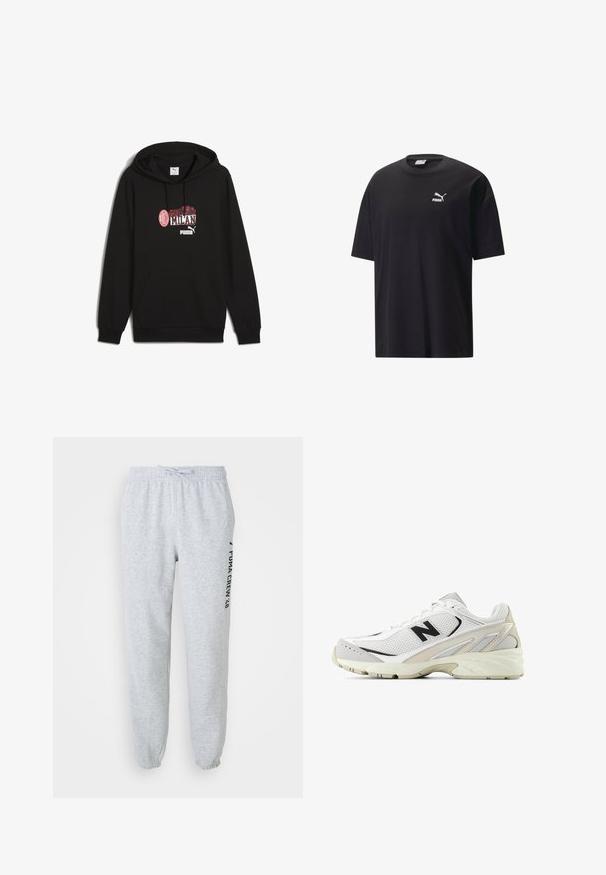 Sudadera con capucha negra con un gráfico frontal que presenta "Forza Milan" y logotipos en rojo y blanco. El material parece suave y cuenta con un bolsillo tipo canguro.; Camiseta de algodón negra con mangas cortas, escote redondo y un logo blanco de Puma en el pecho. Diseño simple y sin adornos.; Pantalones de chándal grises con cintura elástica, cordón y tobillos ajustados. Presenta un logo impreso en negro en el lateral. Material de algodón suave.; Zapatilla blanca con parte superior de malla, detalles en negro y detalles laterales beige. Presenta una suela acolchada y cierre de cordones.