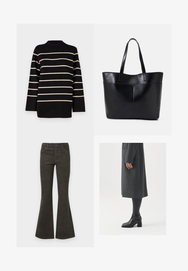 Crna prugasta vunena majica s visokim izrezom, s horizontalnim krem prugama i širokim dugim rukavima. Izrađena od mekog pletenog materijala.; Šire čizme od kordura u tamno maslinastoj boji, s zatvaranjem na dugme i rajsferšlus, pet džepova i suptilnom rebrastom teksturom.; Sivi, krojeni kaput ravnog kroja; uparen s crnim kožnim čizmama do koljena koje imaju četvrtasti vrh i debeli potplat.; Crna kožna torba s dugim ručkama, glatkom teksturom i strukturiranim oblikom. Ima prednju džep za dodatno pohranu.