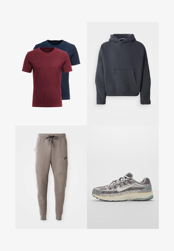 Dark gray hooded sweatshirt in soft fabric, featuring a front pocket with zip, ribbed cuffs, and a small logo at the chest.; Two crew-neck t-shirts stacked; one maroon and one dark navy. Made of cotton, short sleeves, and a smooth texture.; Gray Nike sweatpants with a drawstring waistband, tapered legs, side pockets, and distinct seam detailing. Soft, textured fabric.; Gray athletic shoe featuring a mesh and suede upper, white accents, a cushioned sole, and a distinctive design with reflective elements.