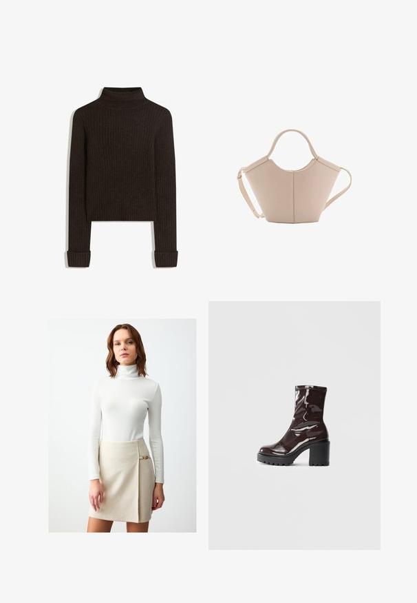 Brauner gerippter Rollkragenpullover mit langen Ärmeln und umgeschlagenen Bündchen; aus strukturiertem Stoff; cropped Schnitt.; Körperbetontes weißes, geripptes Rollkragenshirt mit langen Ärmeln, kombiniert mit einem beigen Wickelrock, der mit einem goldenen Akzent am Bund versehen ist.; Glatte bordeauxrote Ankle Boots mit einem klobigen schwarzen Absatz, die eine glatte Oberfläche und ein einfaches Design aufweisen. Keine sichtbaren Verschlüsse oder Muster.; Beige Lederhandtasche mit einer einzigartigen Form, die zwei kurze Henkel und einen langen verstellbaren Riemen aufweist. Glatte Textur mit minimalen Hardware-Elementen.