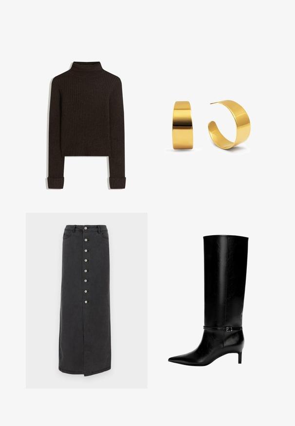 Pull en ribbed marron à col roulé avec des manches longues et des poignets retroussés ; fabriqué en tissu texturé ; longueur cropped.; Jupe en denim noire longue avec fermeture à boutons sur le devant, passants de ceinture et poches latérales. Texture lisse, silhouette droite et légère fente.; Botte en cuir noir montante jusqu'au genou avec un bout pointu et un petit talon. Présente une sangle étroite avec une boucle métallique autour de la cheville. Texture lisse.; Boucles d'oreilles en or avec une finition polie, présentant un design épais et courbé. Silhouette simple et moderne sans embellissements supplémentaires.